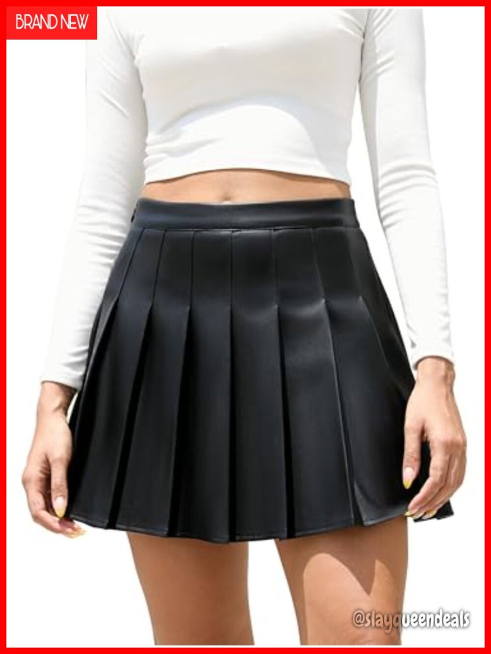 Women's Faux Leather High Waist Pleated A-Line Skater Mini Skirt, Side Zipper,